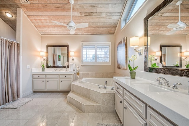 bathroom featuring wood ceiling, tiled tub, vaulted ceiling, ceiling fan, and vanity