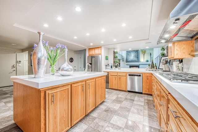 kitchen with appliances with stainless steel finishes, island exhaust hood, a spacious island, sink, and kitchen peninsula