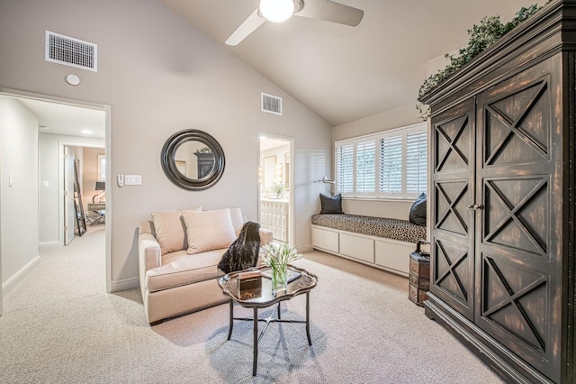 2352 W Loma Linda Ave, Fresno, CA 93711 - carpeted living area featuring baseboards, visible vents, high vaulted ceiling, and ceiling fan