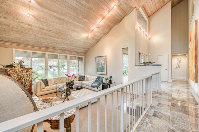 2352 W Loma Linda Ave, Fresno, CA 93711 - living area featuring high vaulted ceiling, wooden ceiling, and marble finish floor