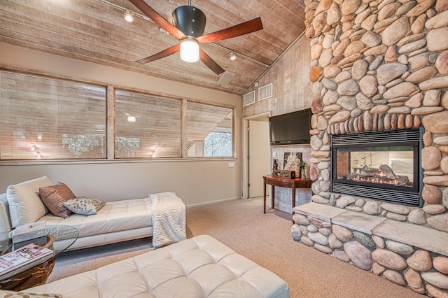 carpeted living room with a fireplace, high vaulted ceiling, wooden ceiling, and ceiling fan