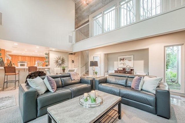 living room featuring a high ceiling