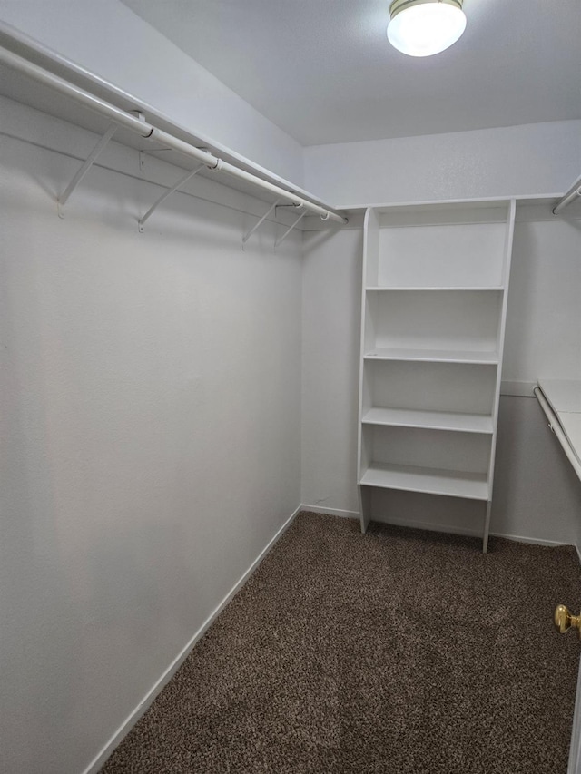 walk in closet featuring dark carpet