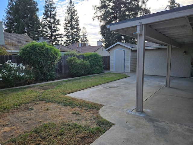 view of yard with a storage unit and a patio