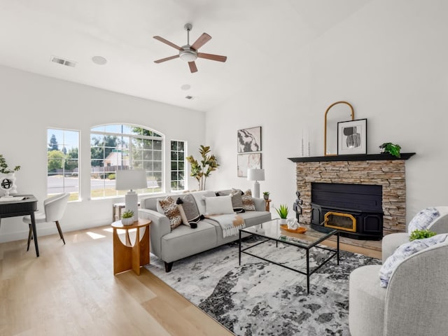 2290 E Carter, Fresno, CA 93730 - living room with ceiling fan, visible vents, high vaulted ceiling, and wood finished floors