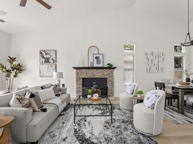 2290 E Carter, Fresno, CA 93730 - living room featuring visible vents, high vaulted ceiling, ceiling fan, and wood finished floors