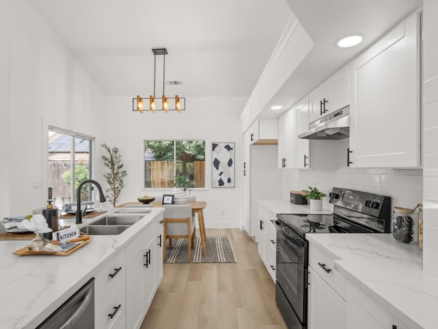 kitchen with white cabinets, stainless steel dishwasher, decorative light fixtures, black electric range, and sink