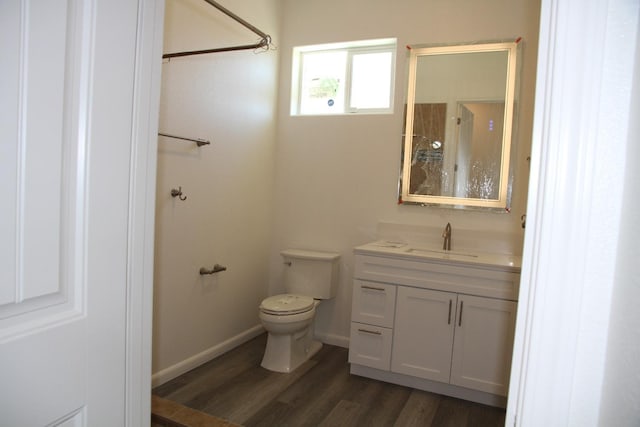 bathroom with toilet, vanity, and wood-type flooring