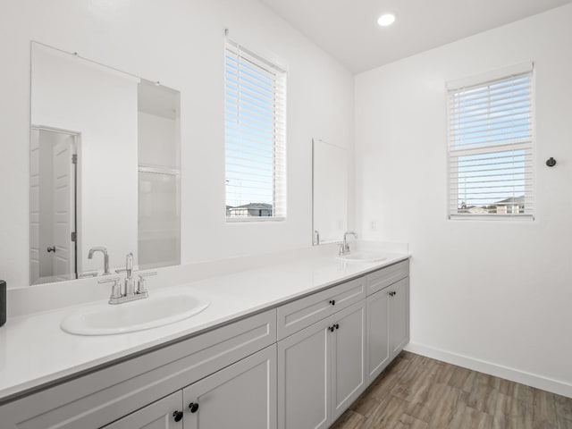 bathroom featuring hardwood / wood-style flooring, vanity, and a healthy amount of sunlight