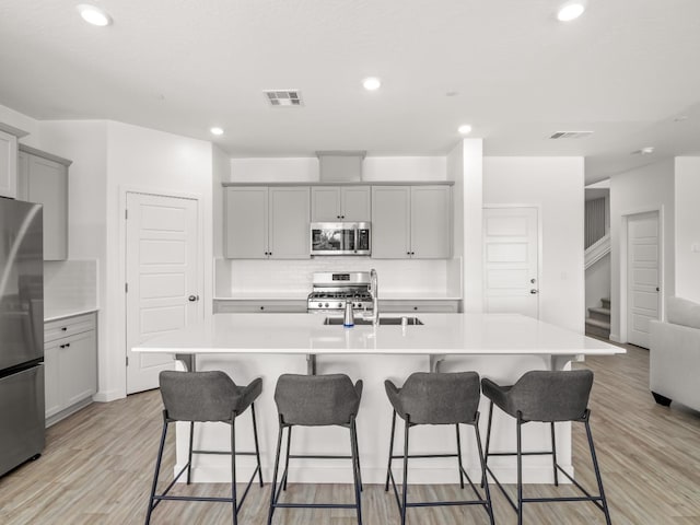 kitchen featuring a center island with sink, appliances with stainless steel finishes, a breakfast bar, backsplash, and gray cabinetry