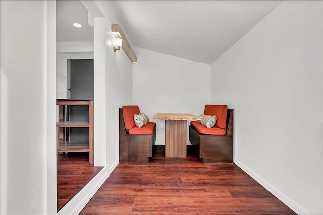 interior space featuring lofted ceiling and dark hardwood / wood-style flooring