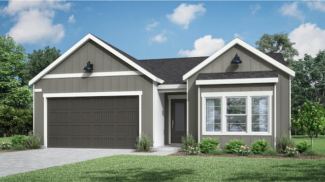 single story home with a shingled roof, driveway, an attached garage, and a front lawn