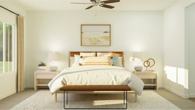 bedroom with light colored carpet and ceiling fan