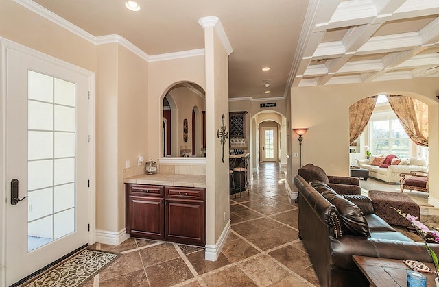 14505 Blue Drake Ln, Prather, CA 93651 - corridor with crown molding, arched walkways, recessed lighting, and beamed ceiling