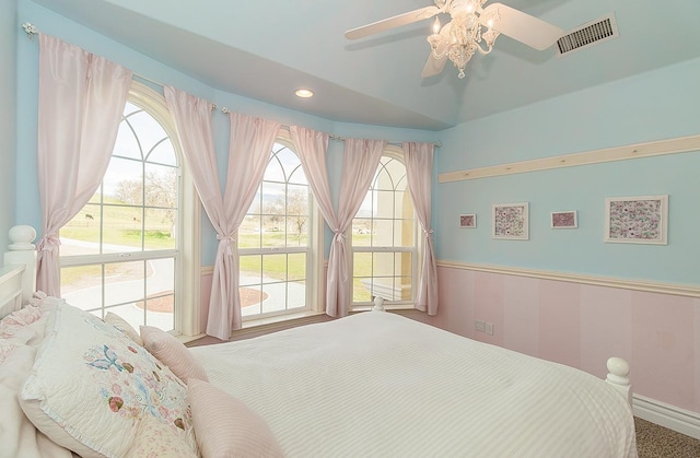 bedroom with access to exterior, recessed lighting, visible vents, wainscoting, and ceiling fan