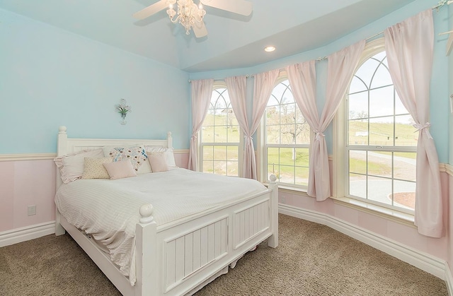 bedroom with ceiling fan, recessed lighting, carpet flooring, and baseboards