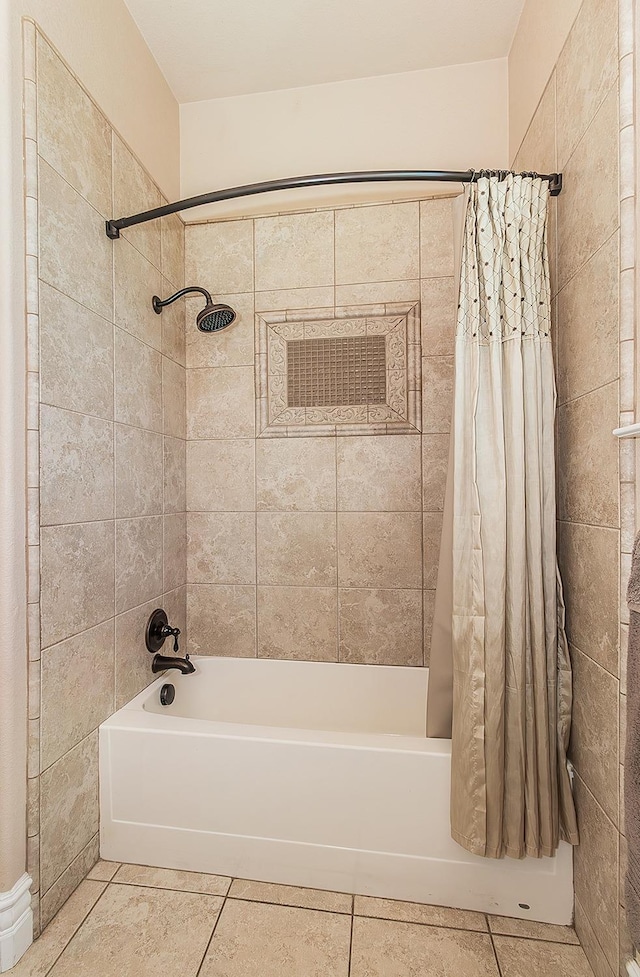 14505 Blue Drake Ln, Prather, CA 93651 - bathroom featuring shower / bath combination with curtain and tile patterned floors