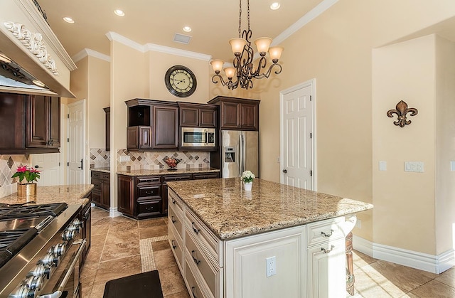 kitchen featuring stainless steel appliances, white cabinets, dark brown cabinets, a center island, and custom range hood