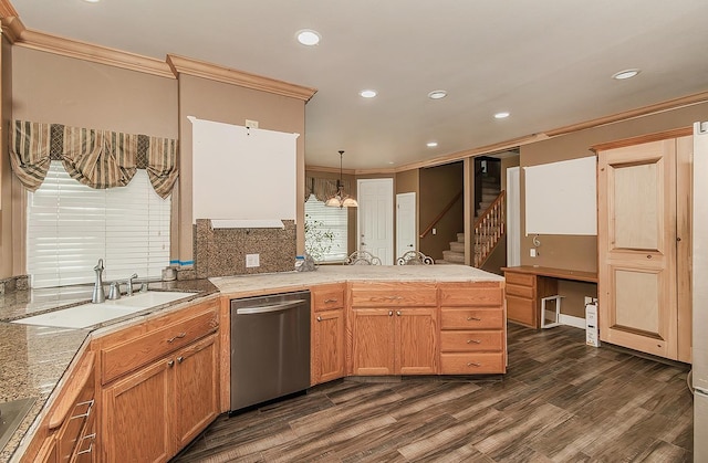 kitchen with ornamental molding, decorative light fixtures, a sink, and stainless steel dishwasher