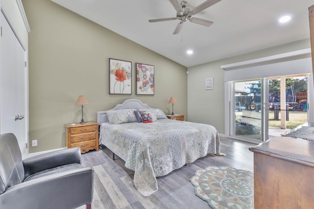 bedroom with ceiling fan, wood finished floors, recessed lighting, lofted ceiling, and access to exterior