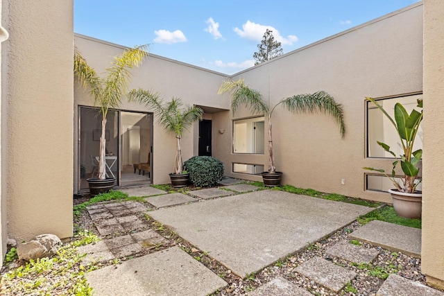 back of property with a patio and stucco siding