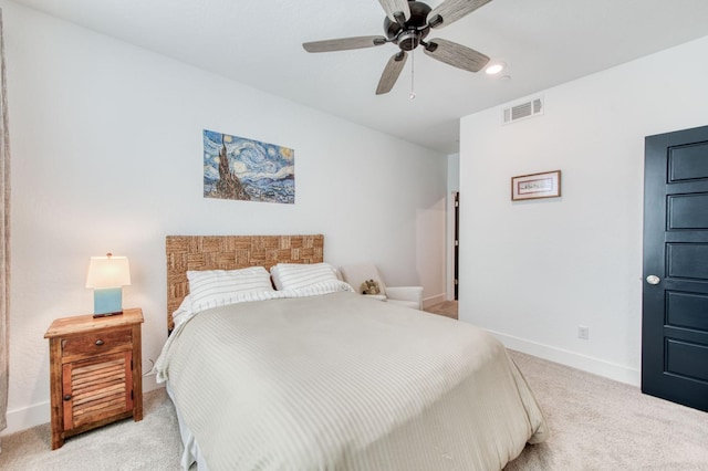 bedroom with recessed lighting, light colored carpet, visible vents, ceiling fan, and baseboards