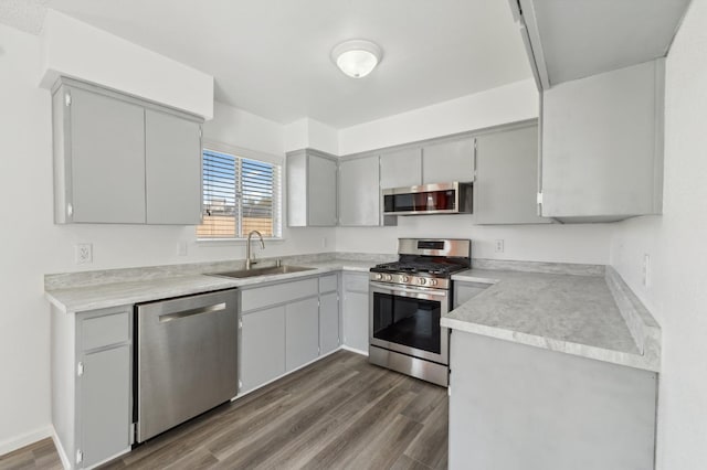 kitchen with dark wood-style flooring, stainless steel appliances, light countertops, gray cabinetry, and a sink