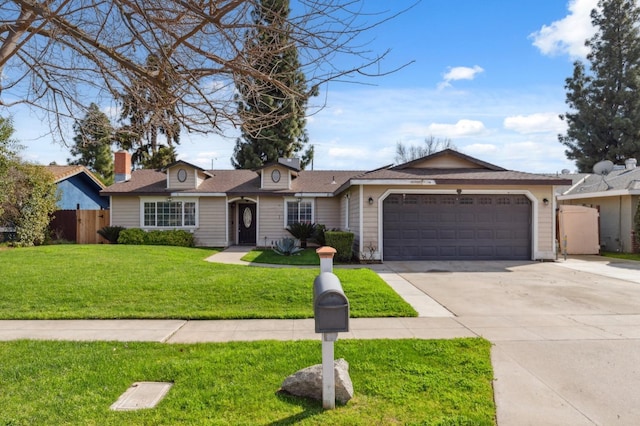 ranch-style house featuring a garage, concrete driveway, a front yard, and fence