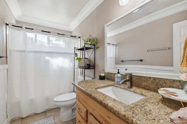 bathroom featuring crown molding, a shower with shower curtain, toilet, vanity, and tile patterned flooring