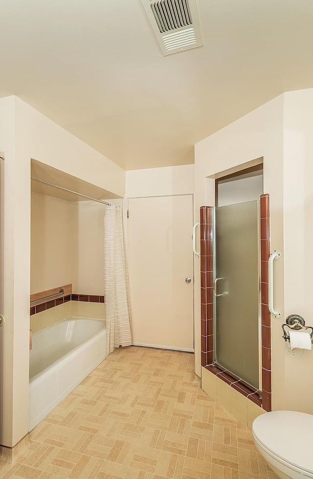 full bath featuring a bath, toilet, a shower stall, and visible vents