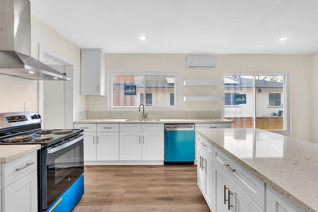 506 W Terrace Ave, Fresno, CA 93705 - kitchen featuring dishwasher, stainless steel electric stove, wall chimney exhaust hood, a sink, and plenty of natural light
