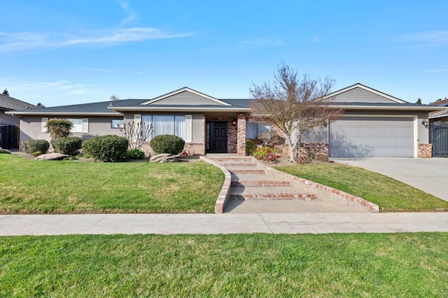 single story home featuring a garage, driveway, brick siding, and a front lawn