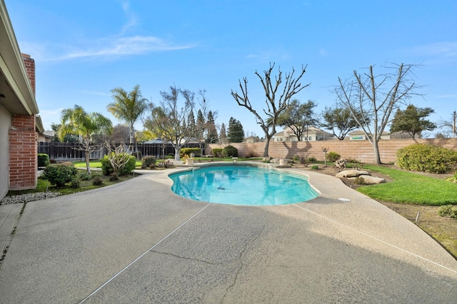 view of pool featuring a patio area, a fenced backyard, and a fenced in pool