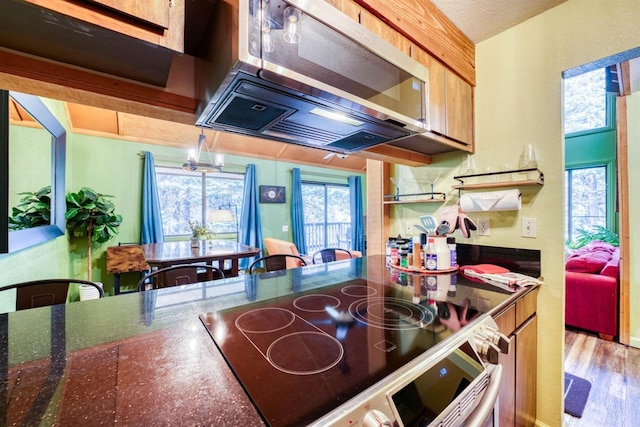 kitchen with stainless steel microwave, dark countertops, and electric stove