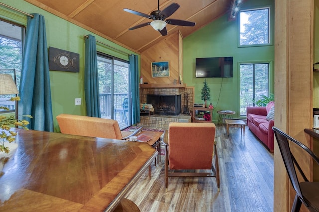 living room with high vaulted ceiling, wood finished floors, a ceiling fan, and a fireplace