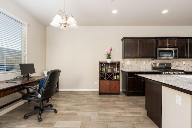 office space featuring light wood-style flooring, baseboards, a chandelier, and recessed lighting