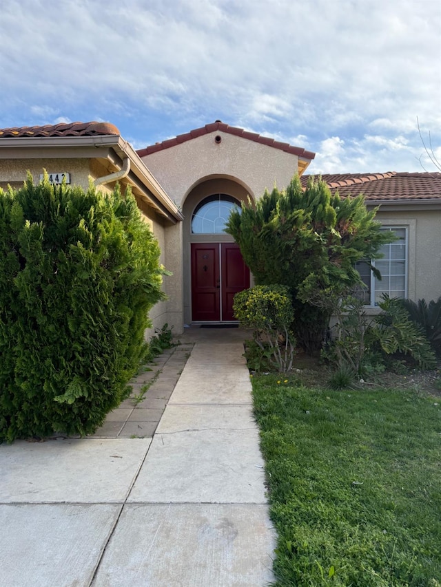 doorway to property featuring a tile roof and stucco siding