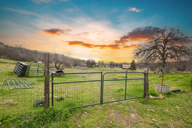 view of gate with fence, a lawn, and a rural view