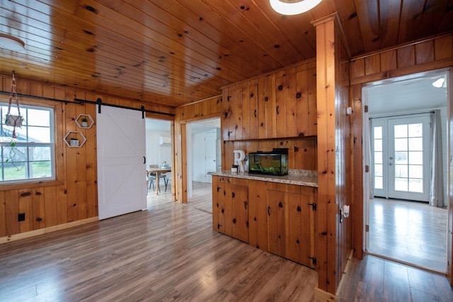 kitchen with a wealth of natural light, wood finished floors, light countertops, and a barn door