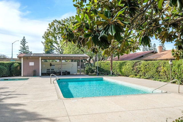 view of pool with fence private yard and a patio area