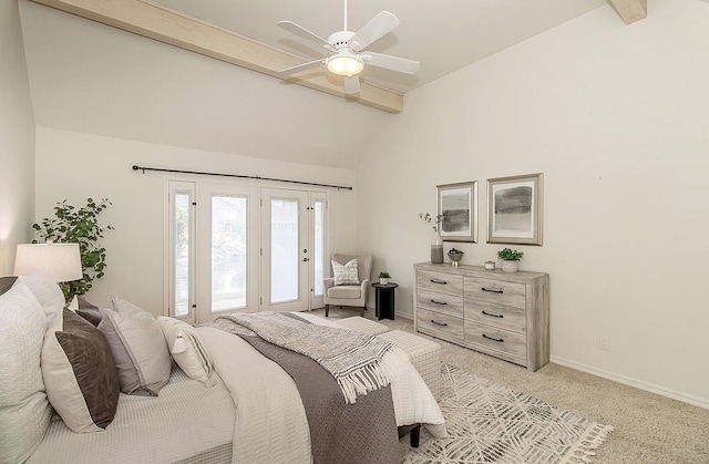 bedroom with vaulted ceiling with beams, light colored carpet, ceiling fan, access to outside, and baseboards