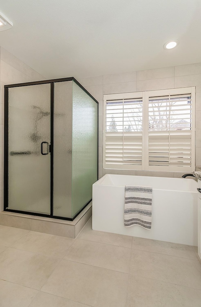 bathroom with a freestanding tub, a shower stall, and a healthy amount of sunlight