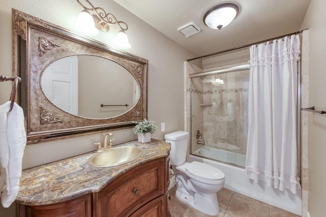 full bathroom featuring toilet, shower / bathtub combination with curtain, tile patterned flooring, and vanity