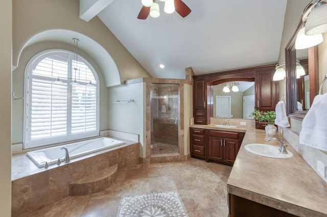 bathroom featuring lofted ceiling with beams, a ceiling fan, vanity, a shower stall, and a bath