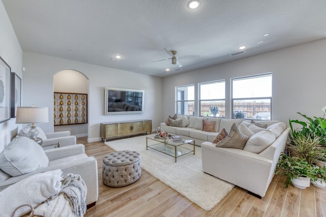 6375 E Millie Dr, Fresno, CA 93727 - living area featuring wood finished floors, recessed lighting, and a ceiling fan