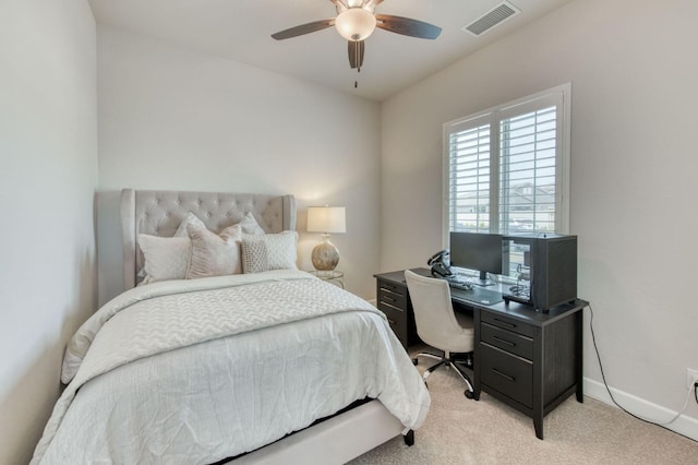 bedroom featuring light carpet, a ceiling fan, visible vents, and baseboards