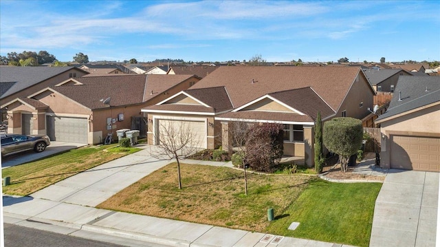 view of front of property with a garage, a front lawn, a residential view, and stucco siding