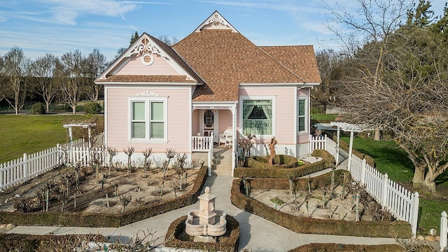 victorian house featuring fence private yard, covered porch, and roof with shingles