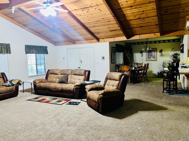 living area featuring wooden ceiling, ceiling fan, beam ceiling, and carpet flooring