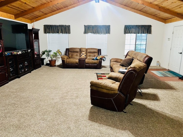 living room featuring carpet, wooden ceiling, and lofted ceiling with beams